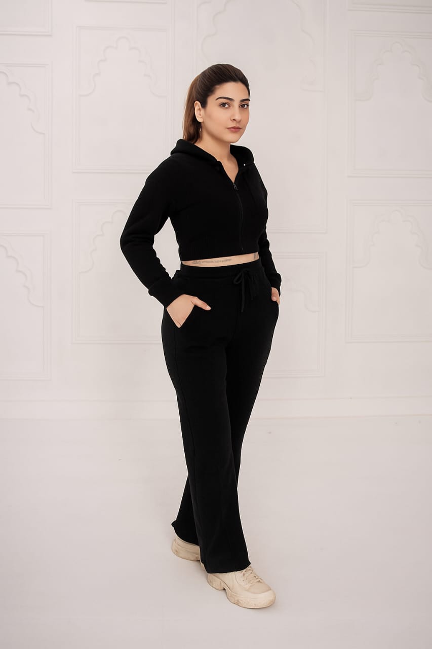 Fleece Crop Zipper suit Set With Rib aura 30