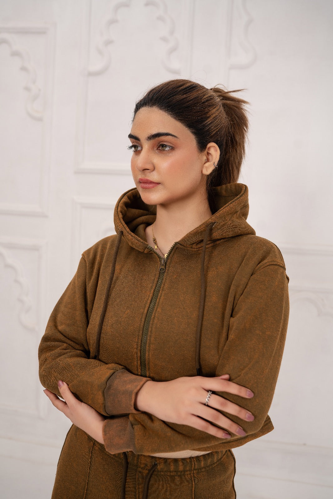 Fleece Acid Wash Crop Hoodie Suit