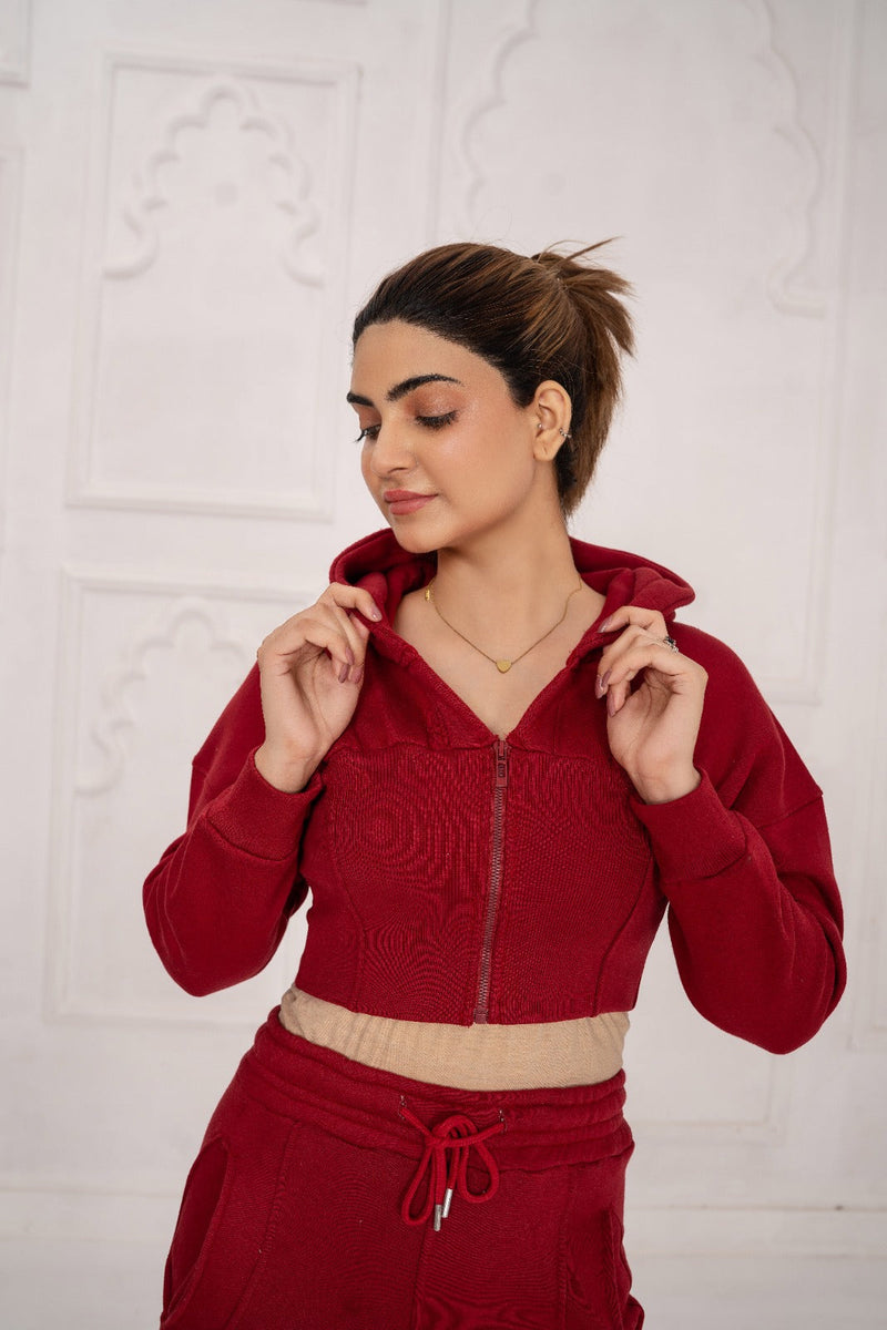 Fleece Crop Zipper suit Set With Rib