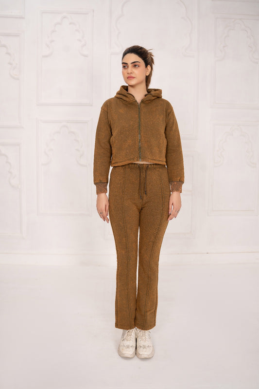 Fleece Acid Wash Crop Hoodie Suit