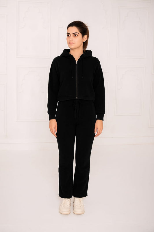 Fleece Acid Wash Crop Hoodie Suit